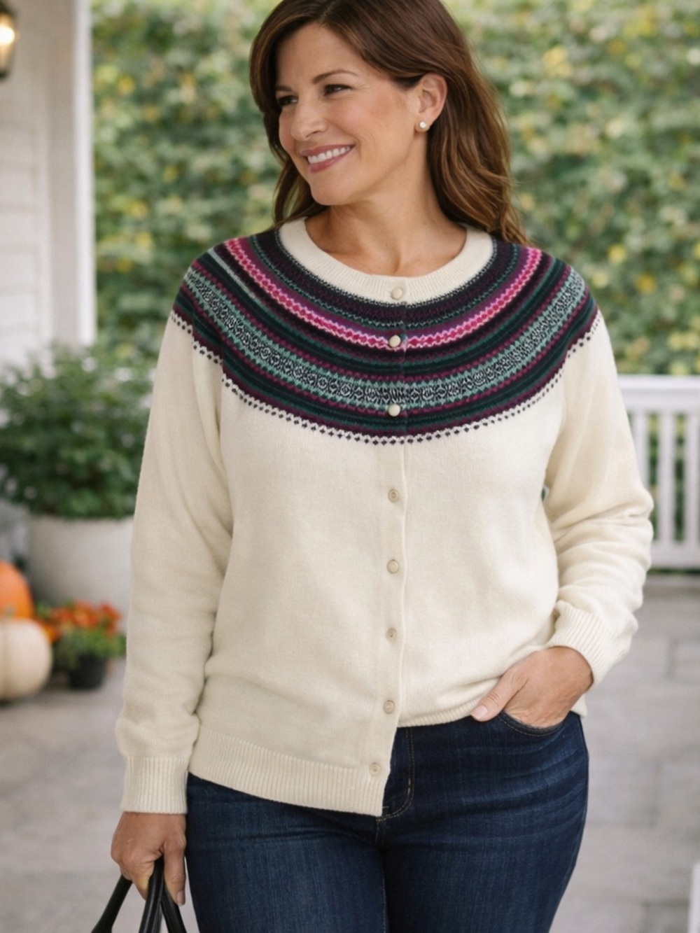Talbots Fair Isle Sweater, Button Front Cream Multicolor Patterned NWOT, Size 2X